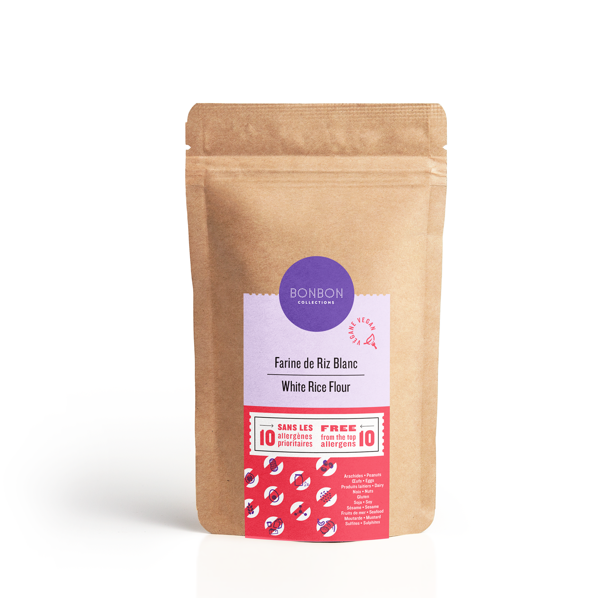 Farine de riz blanc végane, sans gluten et sans allergènes.