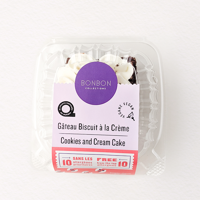 Gâteau biscuit à la crème végane, sans gluten, sans arachides, sans oeufs, sans noix, sans produits laitiers, sans soja, sans sésame, sans fruits de mer, sans sulfite, sans moutarde.
