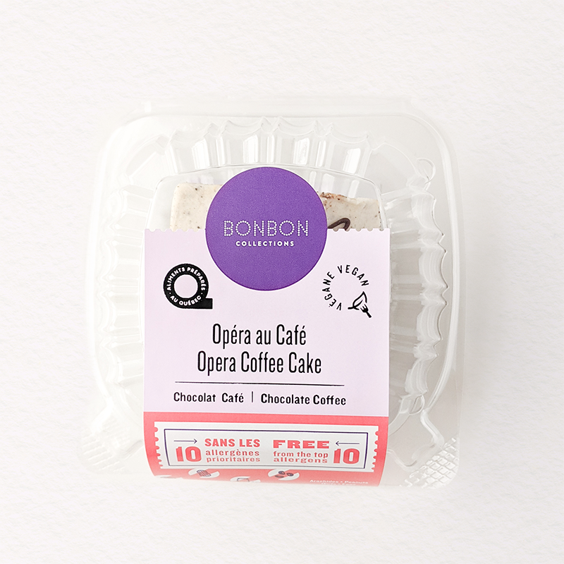 Gâteau Opéra au café végane, sans gluten, sans arachides, sans oeufs, sans noix, sans produits laitiers, sans soja, sans sésame, sans fruits de mer, sans sulfite, sans moutarde.