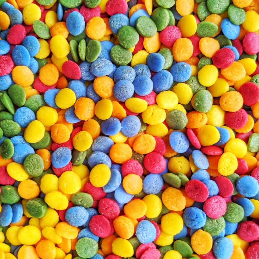 Sprinkles clown véganes, sans arachides, sans oeufs, sans produits laitiers, sans noix, sans gluten, sans soja, sans sésame, sans fruits de mer, sans sulfites, sans moutarde.