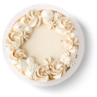 Gâteau érable végane et sans allergènes avec gâteau à la vanille et coulis au caramel vu de haut.