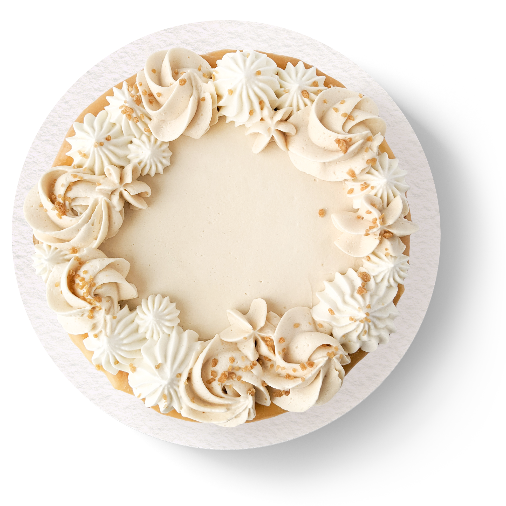 Gâteau érable végane et sans allergènes avec gâteau à la vanille et coulis au caramel vu de haut.