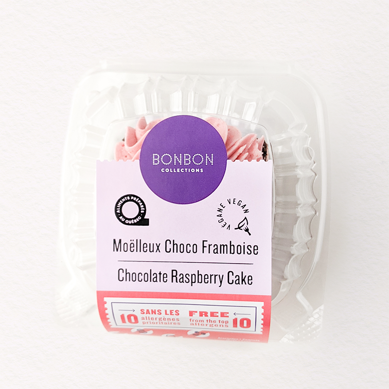 Gâteau végane et sans allergènes Moelleux choco framboise dans son emballage.